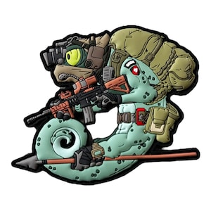 May include: A detailed patch featuring a cartoonish, light-green creature with military gear, including a helmet, backpack, and rifle. The creature is holding a spear and has a red eye. The patch has a black border and is set against a white background.