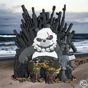 May include: A cartoon panda sits on a throne made of guns, wearing a skull necklace and camouflage pants. The panda has a scar and a stern expression. The background shows a beach and ocean.