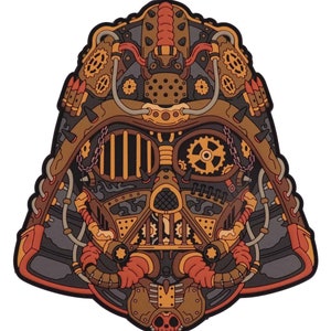 May include: A steampunk-style illustration of a helmet with intricate details, including gears, pipes, and rivets. The helmet is primarily brown and orange with black accents.