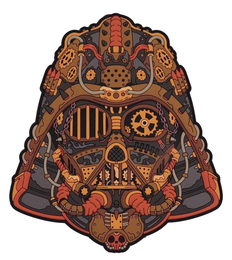 May include: A steampunk-style illustration of a helmet with intricate details, including gears, pipes, and rivets. The helmet is primarily brown and orange with black accents.