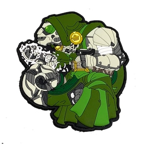 Puede incluir: Un personaje de dibujos animados verde y blanco con una cara esquelética y una capa verde, sosteniendo una gran pistola. El personaje lleva una corona dorada en el pecho.