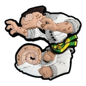 Peut inclure: Un patch de style cartoon représentant un artiste martial en uniforme blanc et ceinture verte et jaune. La figurine, à la peau bronzée, est dans une pose dynamique, soulignée de noir.
