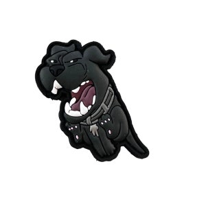 May include: Black and white cartoon patch of a dog with a collar, the dog is snarling with its mouth open and teeth showing.