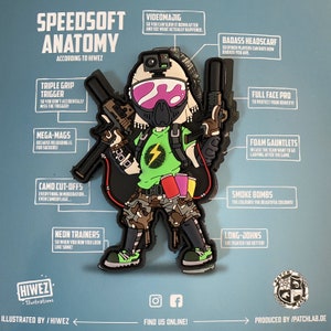 May include: A Speedsoft Anatomy patch featuring a cartoon character in camouflage pants, a green shirt with a lightning bolt, and a full-face mask. The patch includes text such as "Triple Grip Trigger" and "Smoke Bombs."