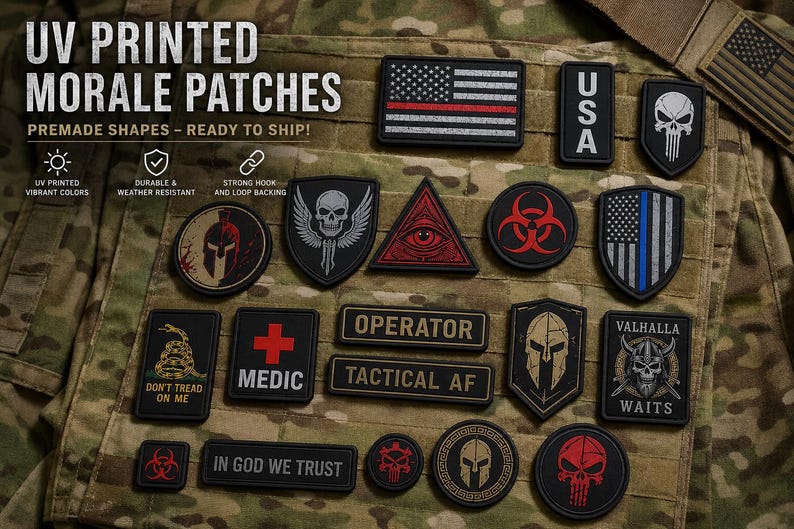 Puede incluir: Una colecci&oacute;n de parches morales de formas rectangulares, circulares, triangulares y de escudo con varios dise&ntilde;os gr&aacute;ficos que incluyen calaveras, banderas y texto como MEDIC, OPERATOR, TACTICAL AF e IN GOD WE TRUST, sobre una tela de camuflaje.