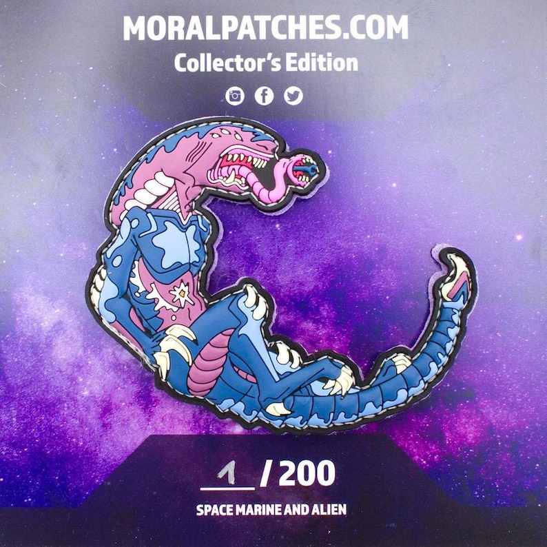 May include: A blue and pink alien creature with a long tongue, wearing a space marine suit, is depicted on a patch. The patch is a collector's edition and is numbered 1/200. The text "Space Marine and Alien" is printed below the patch.