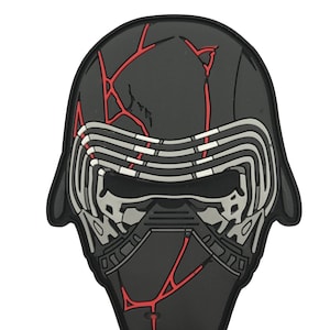 Könnte beinhalten: Schwarzer und roter detaillierter Helm mit einem weißen und grauen Visier. Der Helm ist ein Charakter aus dem Star Wars-Franchise.