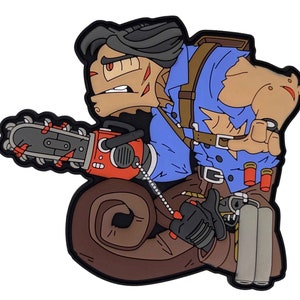 May include: A cartoon character with black hair and a blue shirt holding a chainsaw and a shotgun. The character is wearing a brown belt and has a brown strap across their chest. The character is standing on a brown object.