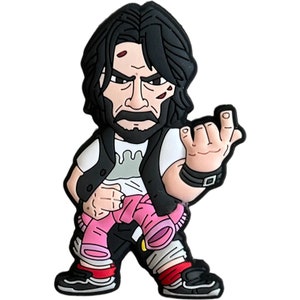 May include: A cartoon-style figure with black hair, a beard, and a stern expression. The figure wears a white shirt, black vest, and pink pants. The figure is giving a hand gesture, with a black wristband and black shoes.