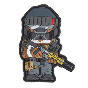 May include: A cartoon patch depicting a soldier in tactical gear. The character is wearing a grey beanie, a gas mask, and a tactical vest. The soldier is holding a rifle with a yellow handguard. The patch has a black border.