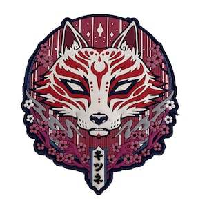 May include: A stylised red and white fox head with a blue and white background. The fox has a red and white mask with a crescent moon on its forehead. The background is a red and white striped pattern with pink cherry blossoms. The text "キツネ" is written in Japanese on a blue and white sword.