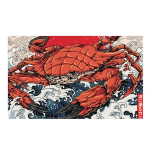 May include: A vibrant illustration of a crab with a red shell and black claws, set against a backdrop of stylized ocean waves in blue and white. A red sun-like shape is in the background. Japanese text is visible on the right side.