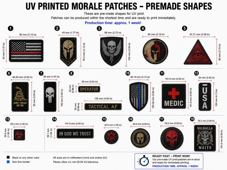 Puede incluir: Una colecci&oacute;n de dieciocho parches morales rectangulares, circulares, triangulares y en forma de escudo con varios dise&ntilde;os gr&aacute;ficos que incluyen banderas, calaveras y texto. Cada parche tiene sus dimensiones indicadas en mil&iacute;metros.