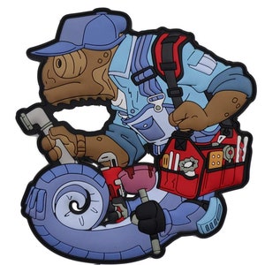 May include: A cartoon illustration of a blue and brown chameleon wearing a blue and red plumber's uniform and holding a wrench. The chameleon is standing on a blue pipe and has a red toolbox strapped to its back.
