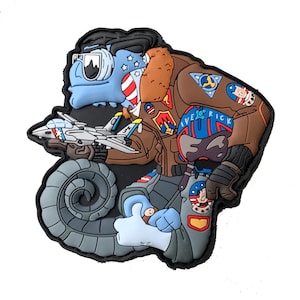 May include: A colorful cartoon image of a chameleon dressed as a pilot, with a fighter jet. The chameleon wears a brown bomber jacket, aviator sunglasses, and a helmet with the word "Maverick". The jet is white and gray.