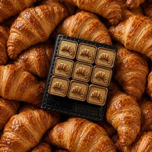 May include: A black rectangular object featuring a grid of nine square tiles, each embossed with a small croissant design, resting amidst a large pile of golden-brown, flaky, crescent-shaped croissants with a glossy, baked pastry texture.