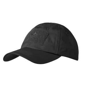 May include: Black baseball cap with a curved brim. The cap features a rectangular patch on the front with an embroidered design. The cap is made of a durable material and has a classic, casual style.