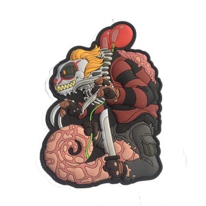 May include: A red and black cartoon character with a knife and a balloon. The character is riding on a pink and black creature with a green tail. The character has a white and red mask with a creepy smile.