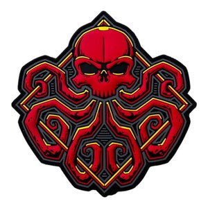 May include: A red skull with octopus tentacles design patch. The patch features a red skull at the center, with tentacles extending outwards. The design is outlined in black and yellow, creating a striking contrast. The patch is likely made of rubber or a similar material.