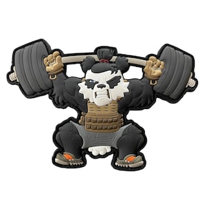 May include: A black, white, and tan panda bear cartoon character lifting a barbell. The panda is wearing a weightlifting belt and sneakers. The barbell has gray weights. The panda has a determined expression and is winking.