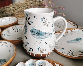 Hand painted rustic pitcher with bird and dragonflies by Osokaart ceramics. Nice gift for birthday, housewarming and just for you