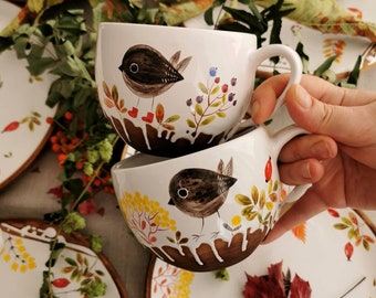 Big mug (or tea/coffee set) with autumn sparrow in boots. Hand painted mug by Osoka art ceramics for good mood. Nice gift for couple or mom