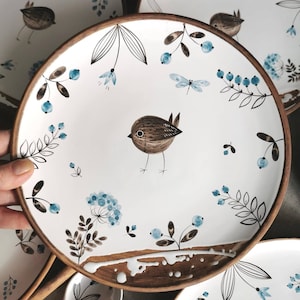 You can choose for you bowl, plate or big serving plate with hand painting sparrow by Osokaart ceramics