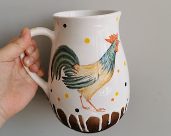 Nice pitcher with two roosters in a rustic stile by Osoka art ceramics. A housewarming gift or just to please you or your loved ones