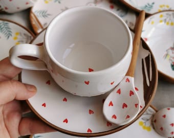 Mug and saucer with hearts for lovely, favorite person as a good gift. This is a nice gift for mom, sister, girl, daughter, granny