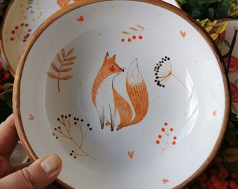 Hand-Painted Fox Bowl: Ceramic Baby Plate, Rustic Dinnerware
