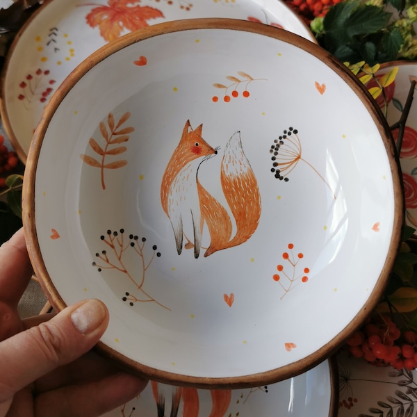 bol tactile peint à la main, renard mignon, assiette pour bébé, cadeau pour la vaisselle bien-aimée, ensemble rustique de vaisselle ustensiles de vaisselle d'art d'Osoka