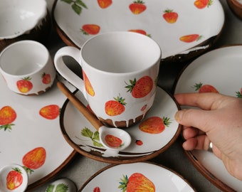 Mug and saucer with little ladybug and strawberries for good mood! Nice gift for you, your mom or sister, friend. By Osokaart studio