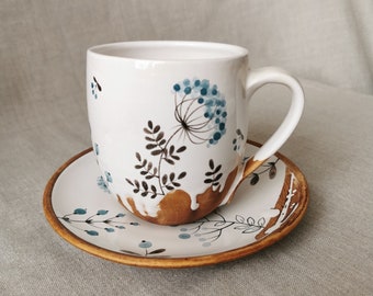 Ceramic mug set, herbal tea cup, mug, saucer, Spoon with a painted herbal,Gift Pottery Mug, Dishes, Сrockery, Tableware,Ceramics Osoka Art