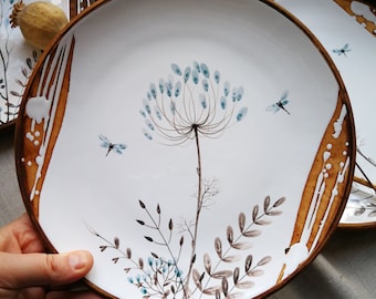 Handmade ceramic plates by Osoka ar ceramics, Dinner plates with herbs, Ceramic dinnerware, Hand painted dill Pottery plates set