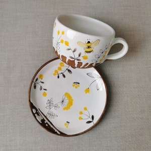 cup with bee, yellow herbs, a mug, saucer and spoon, for herbal teas, Handmade pottery mug, Ceramic OsokaArt, Gift pottery mug teaset image 5