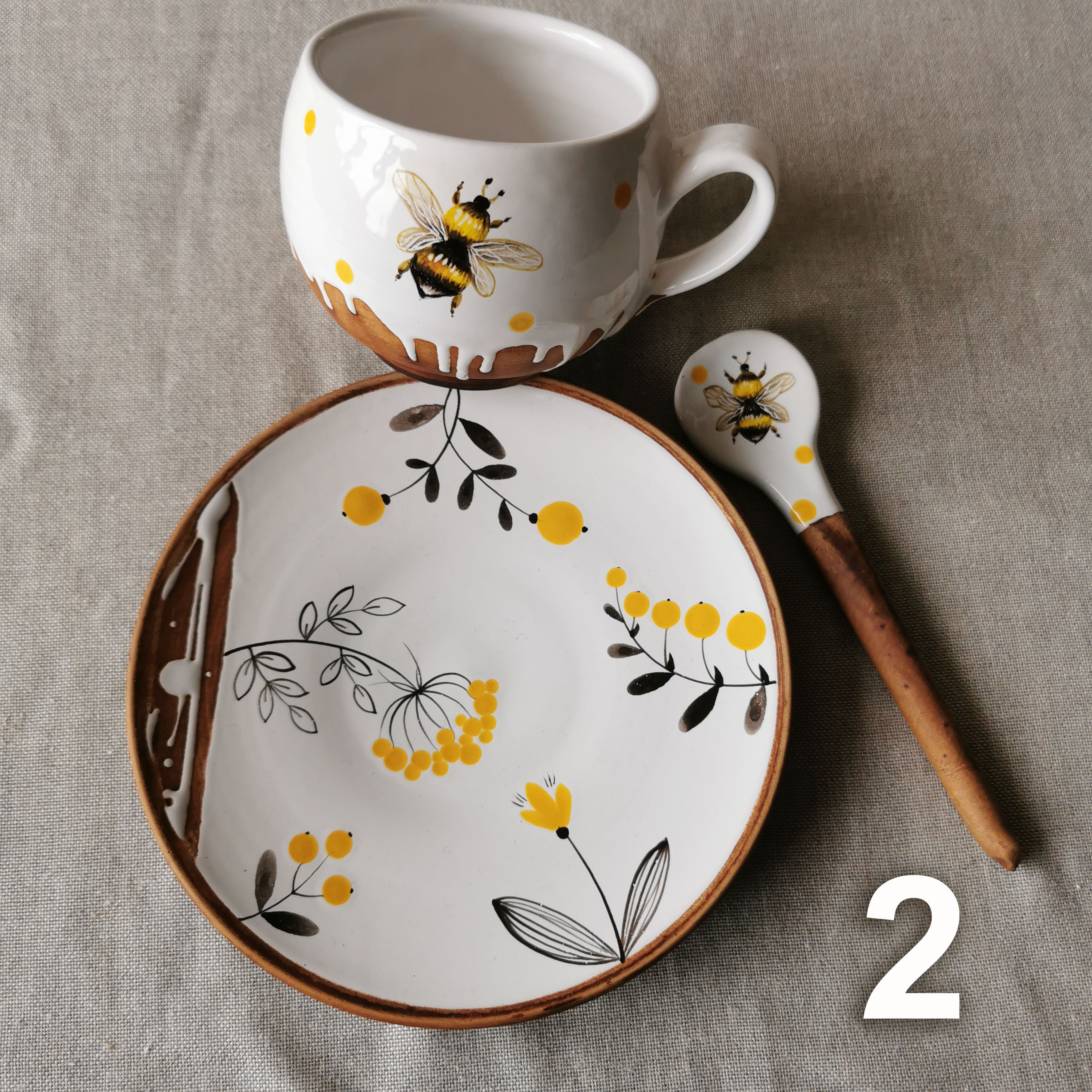 Taza de cerámica, platillo, cuchara con una abeja pintada, juego de vajilla  de cerámica, juego de té, arte Osoka de cerámica, juego de té de regalo de  cerámica, juego de té de