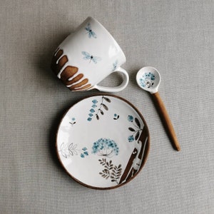 Ceramic mug set, herbal tea cup, mug, saucer, Spoon with a painted herbal, Gift Pottery Mug, Dishes, Сrockery, Tableware,Ceramics Osoka Art 400ml +saucer+spoon