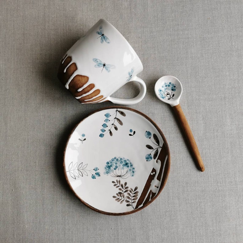 Ceramic mug set, herbal tea cup, mug, saucer, Spoon with a painted herbal, Gift Pottery Mug, Dishes, Сrockery, Tableware,Ceramics Osoka Art 400ml +saucer+spoon