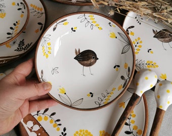 Bowl with hand painting little sparrow by Osoka art Ceramics for good mood every day.