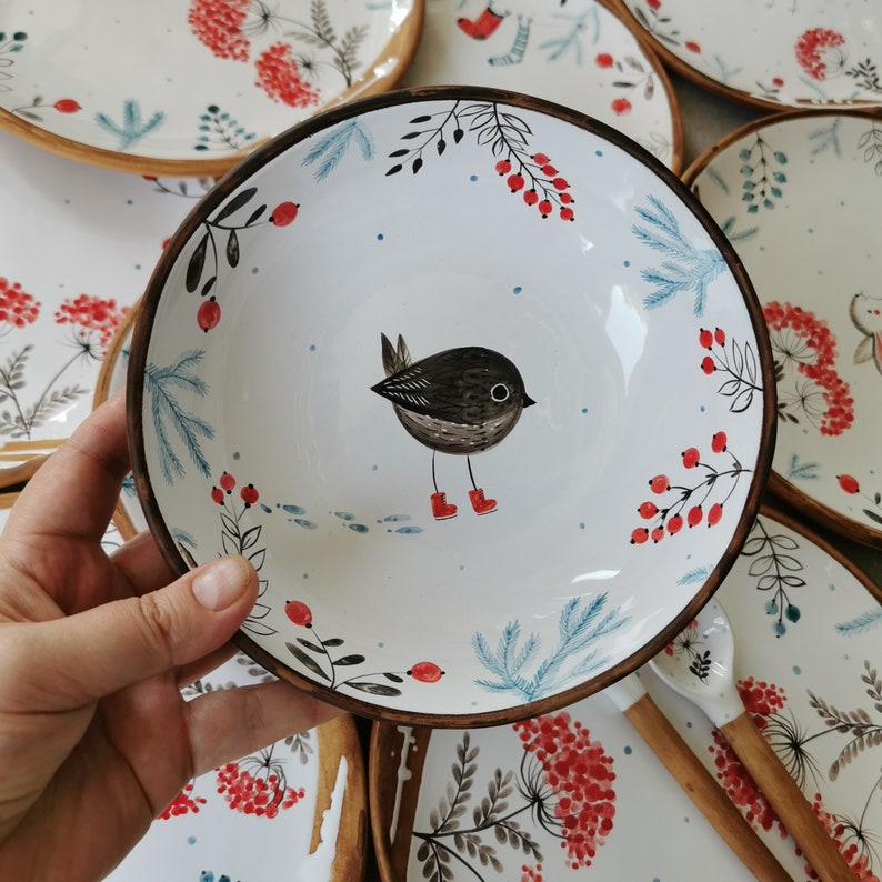 Handmade hand painted ceramic bowl and plate by Osoka art as Christmas gift or first gift with love ideal for breakfast lunch birdsparrow image 2