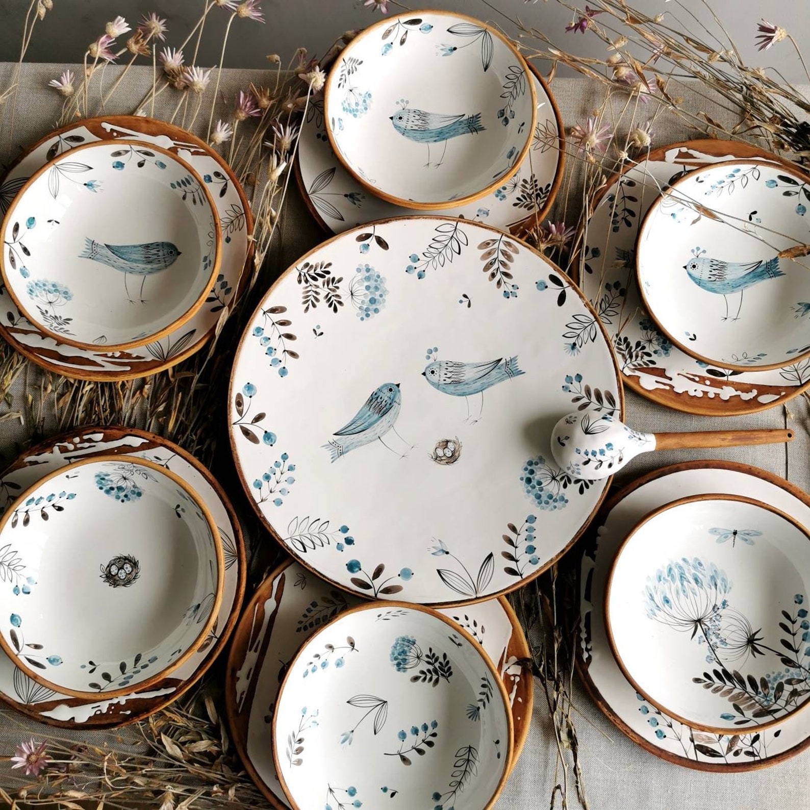 Dinner Set With Hand Painted Birds Herbs by Osokaart Ceramics Etsy