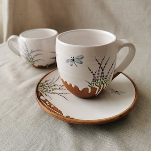 Pottery cup with painted lavender. Mug and saucer for herbal tea. Provencal herbs. Hand-painted tableware. Ceramics Osoka Art. Gift tea set