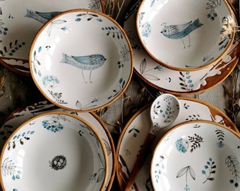 Dinner set with hand painted birds, herbs by Osokaart ceramics is nice gift for Housewarming, Christmas or just for Birthday or Wedding