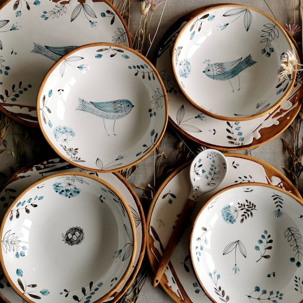 Dinner set with hand painted birds, herbs by Osokaart ceramics is nice gift for Housewarming, Christmas or just for Birthday or Wedding