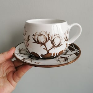 Mug, saucer and cute spoon hand painted with cotton by Osoka art ceramics