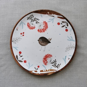 Handmade hand painted ceramic bowl and plate by Osoka art as Christmas gift or first gift with love ideal for breakfast lunch birdsparrow image 4