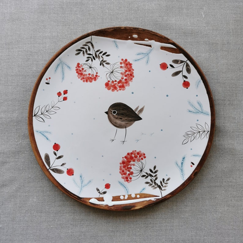 Handmade hand painted ceramic bowl and plate by Osoka art as Christmas gift or first gift with love ideal for breakfast lunch birdsparrow image 4