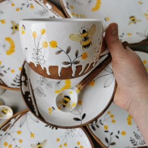 cup with bee, yellow herbs, a mug, saucer and spoon, for herbal teas, Handmade pottery mug, Ceramic OsokaArt, Gift pottery mug teaset image 2