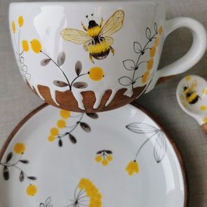 cup with bee, yellow herbs, a mug, saucer and spoon, for herbal teas, Handmade pottery mug, Ceramic OsokaArt, Gift pottery mug teaset image 3