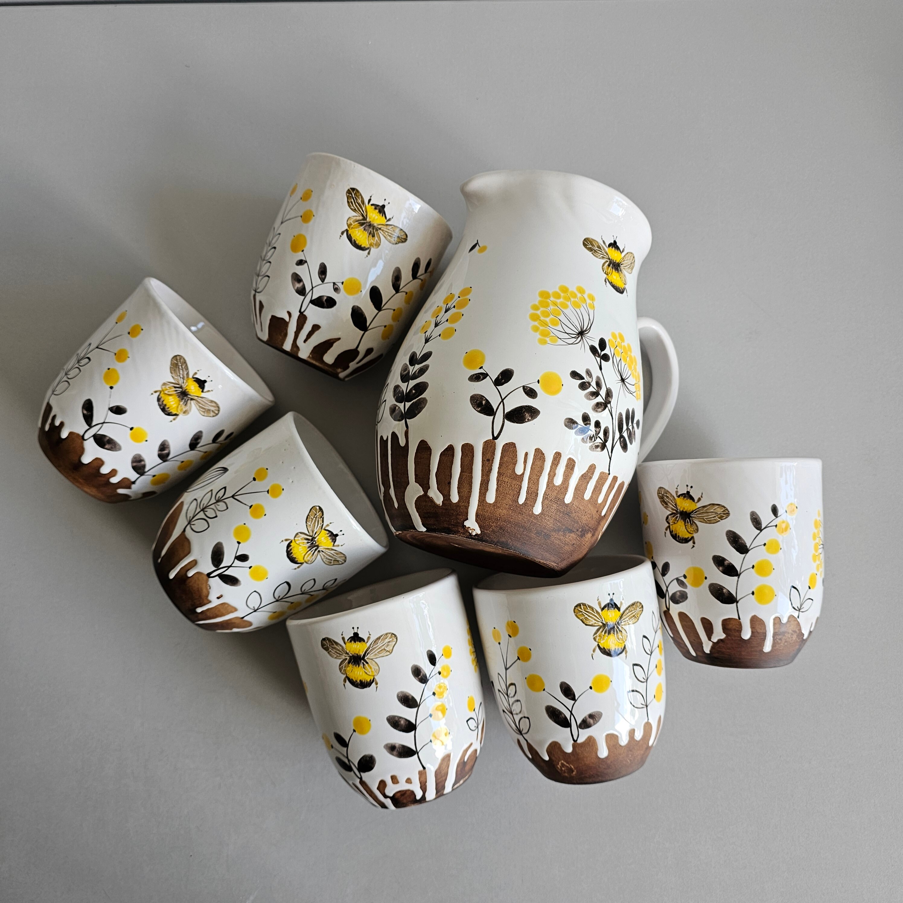 Serving Ceramics Jug (pitcher) With Handpainting Bees and Mug by